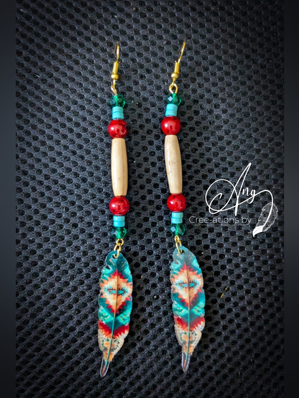 Multicolor Buffalo Bone Hairpipe, Turquoise Feather Drop Earrings